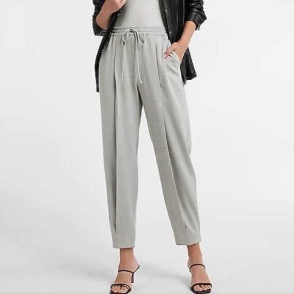 EXPRESS Womens Grey High Waisted Pleated Ankle Pant Drawstring Dress Casual Sz L